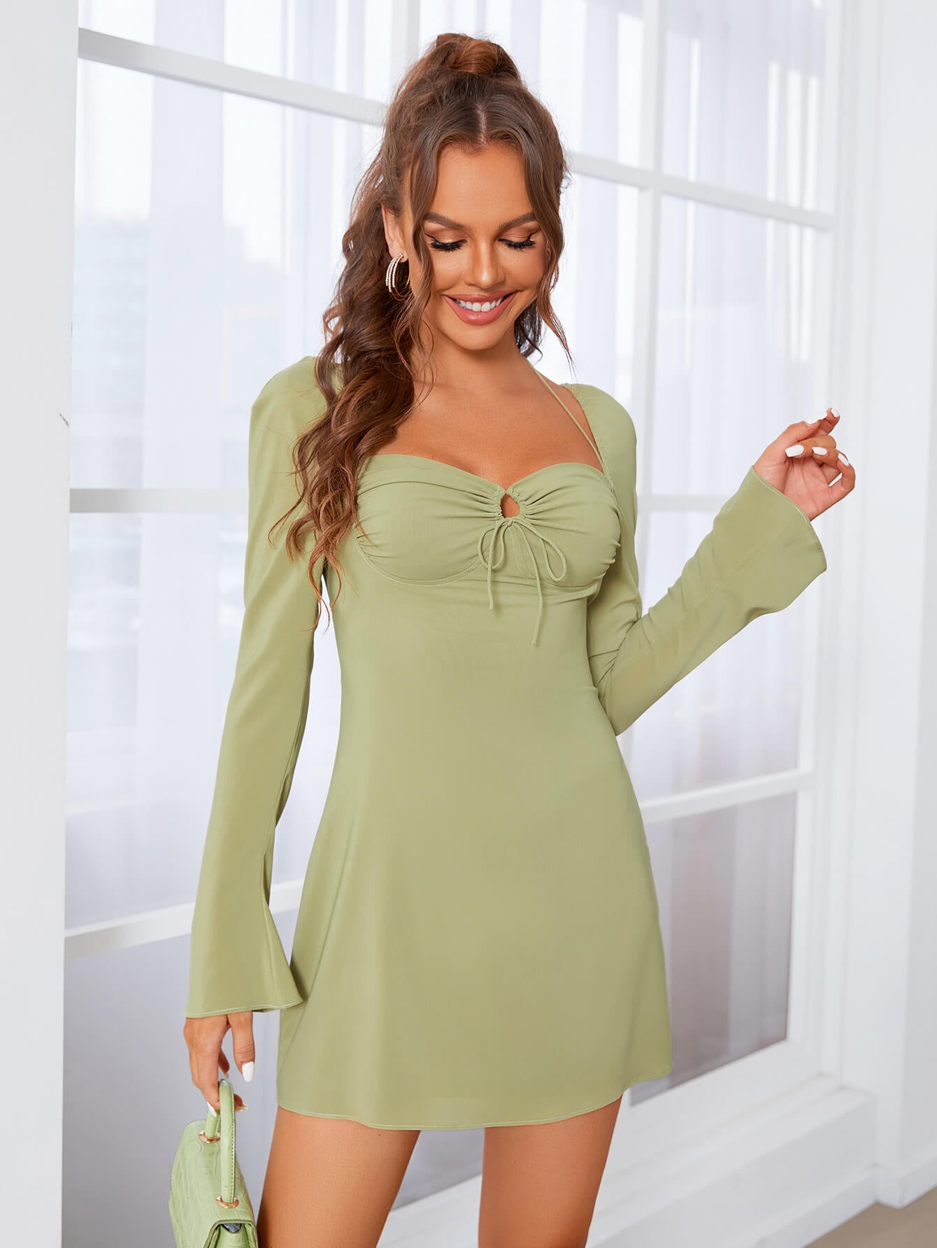     flare sleeve mini lace up dress green#color_green