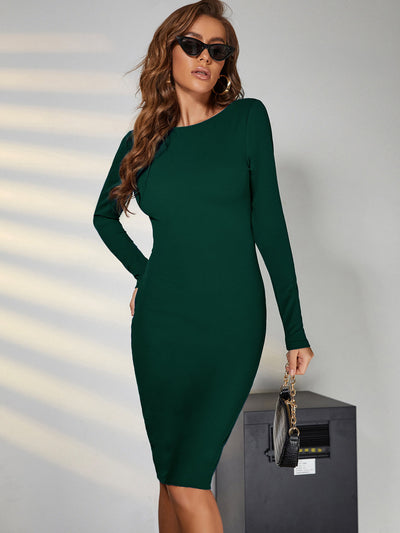      green long sleeve zipper bodycon midi dress#color_green