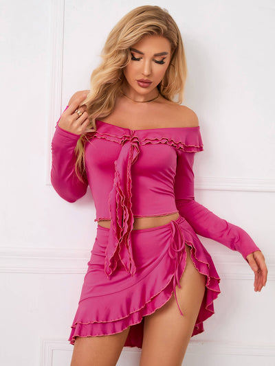    hot pink off shoulder ruffle trim knot front crop top skirt set#color_hot-pink