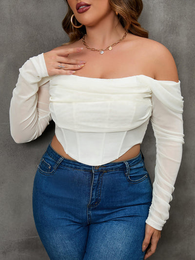    ivory plus off shoulder ruched asymmrtrical hem corset mesh top#color_ivory