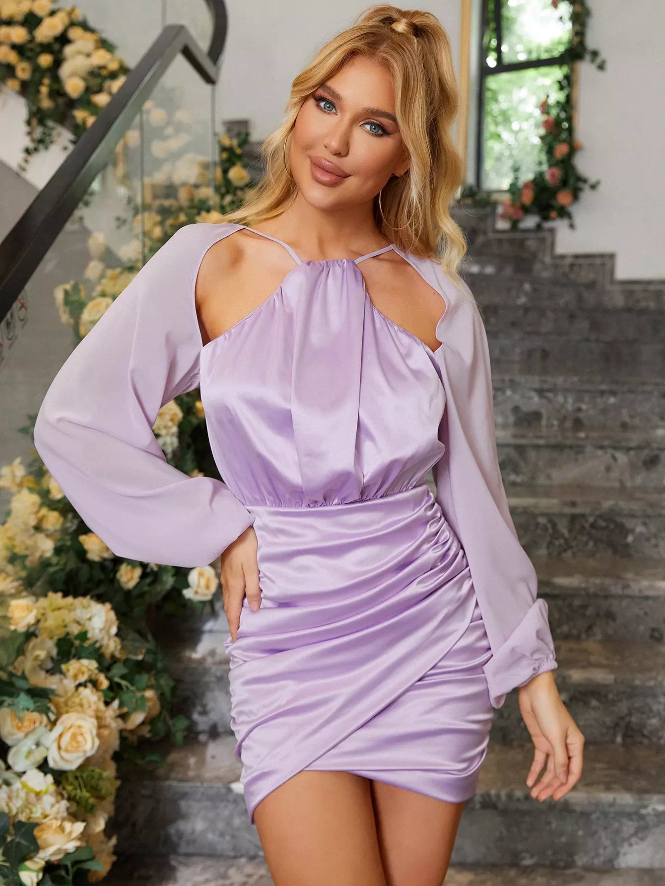       lantern sleeve backless mini ruched dress lavender#color_lavender