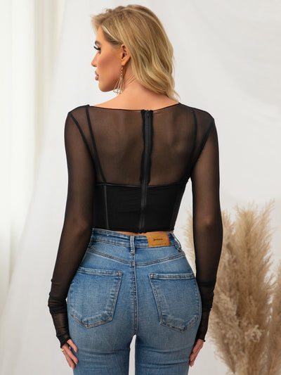    long sleeve cut out mesh corset top black back#color_black