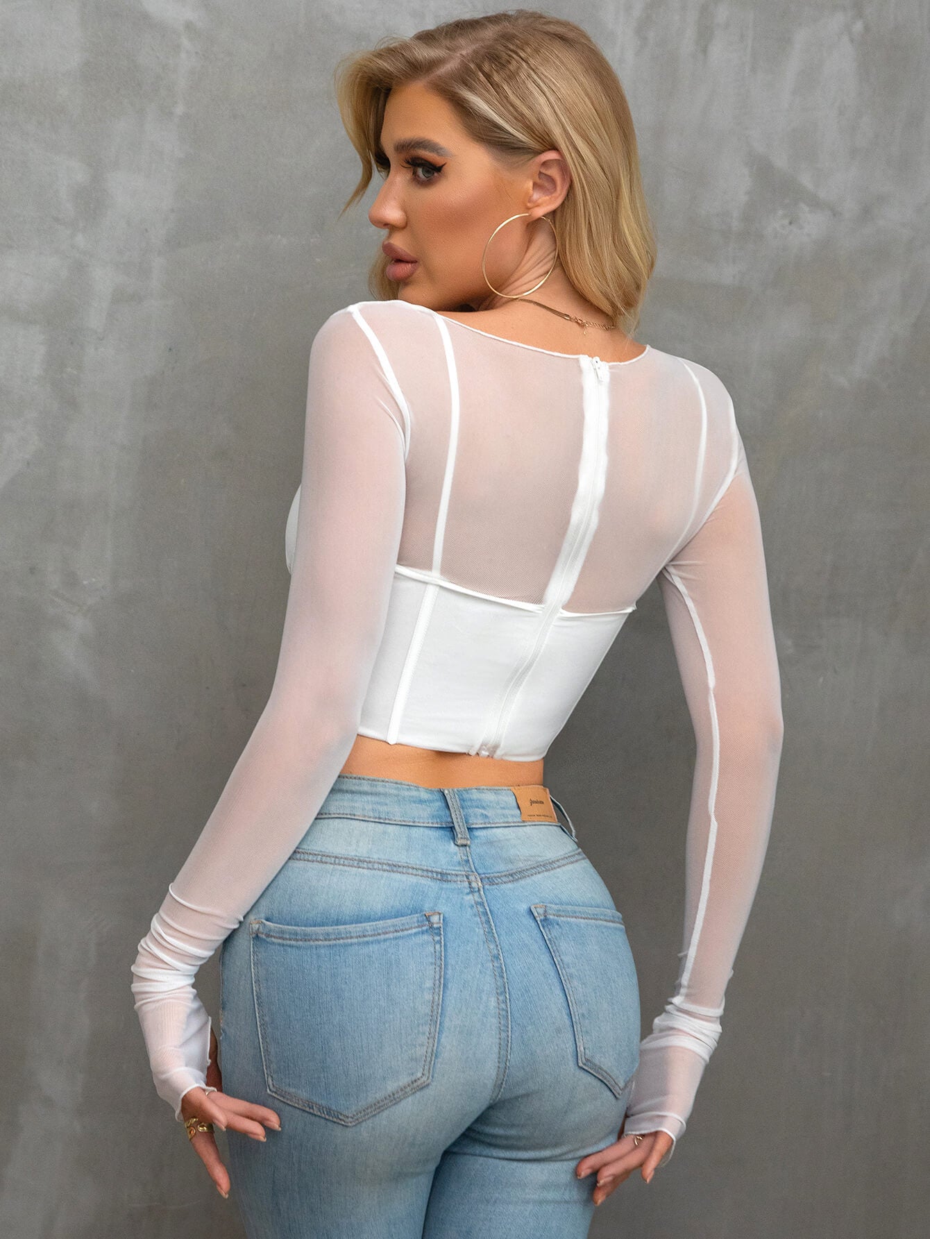     long sleeve cut out mesh corset top white back#color_white