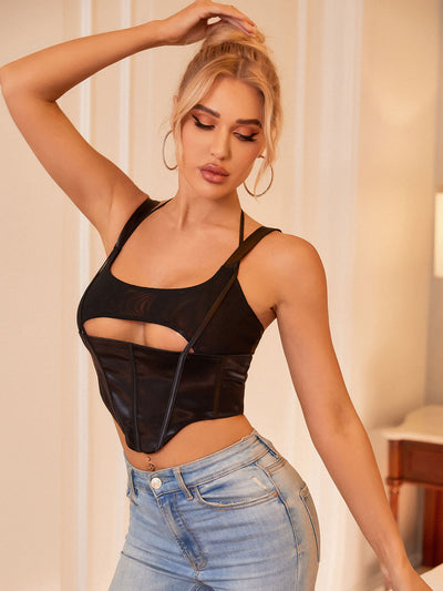     mesh and leather cut out crop top black side#color_black 