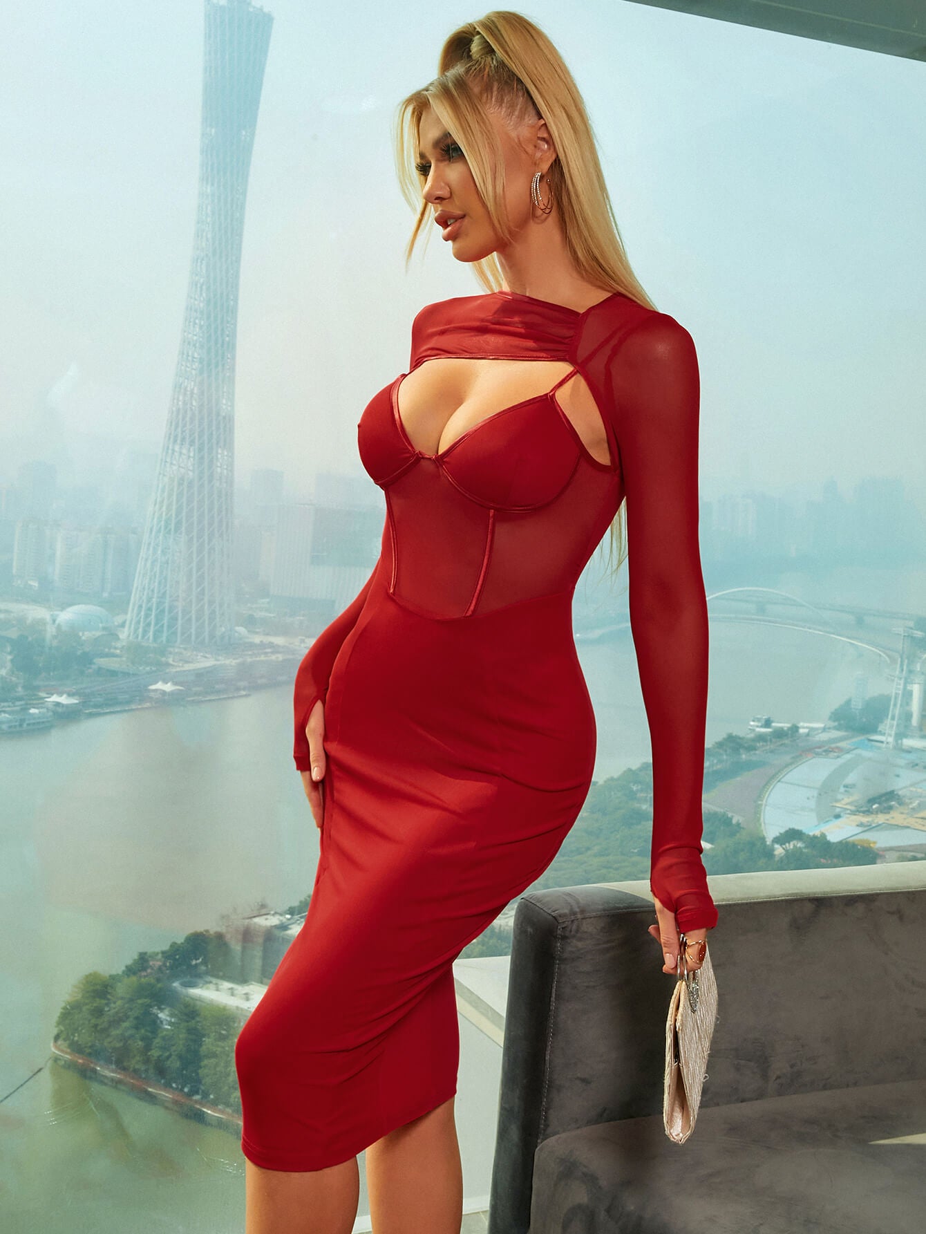 mesh cut out bodycon midi dress red side#color_red