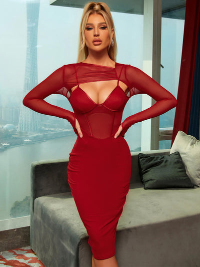 mesh cut out bodycon midi red dress#color_red