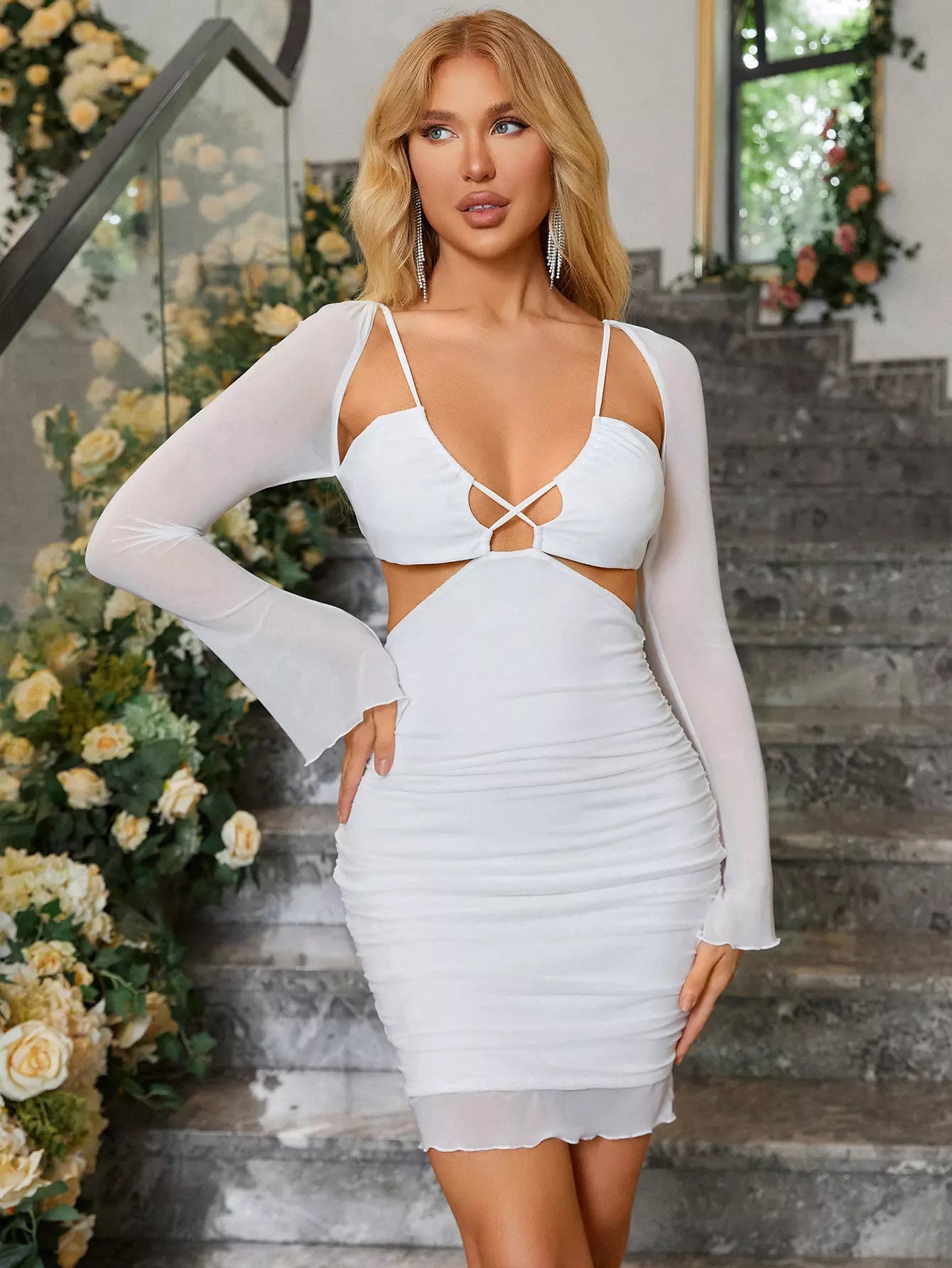     mesh double layer cut out dress ivory#color_ivory
