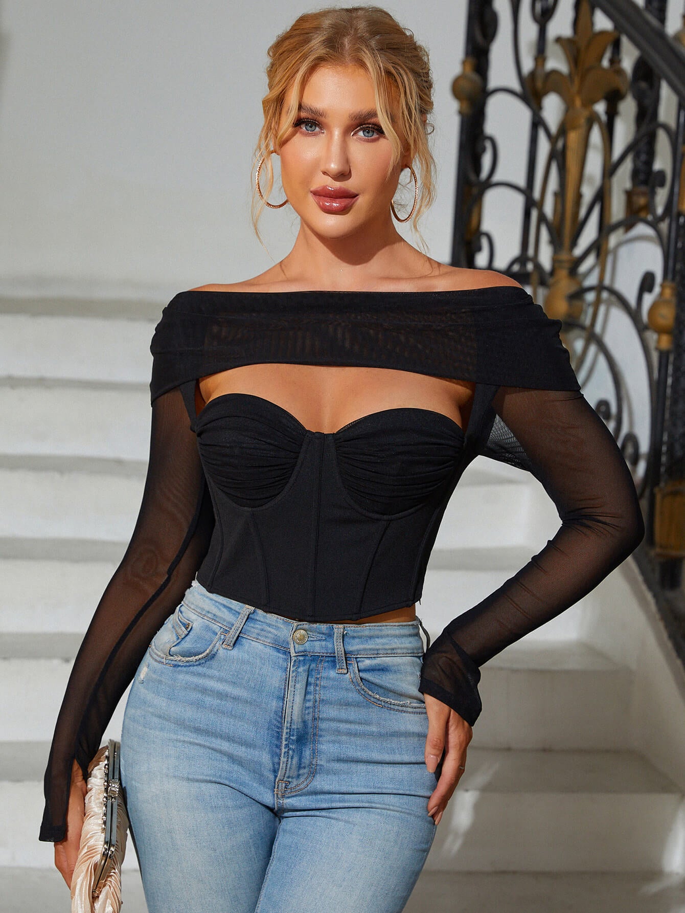 mesh long sleeve cut out black corset top#color_black