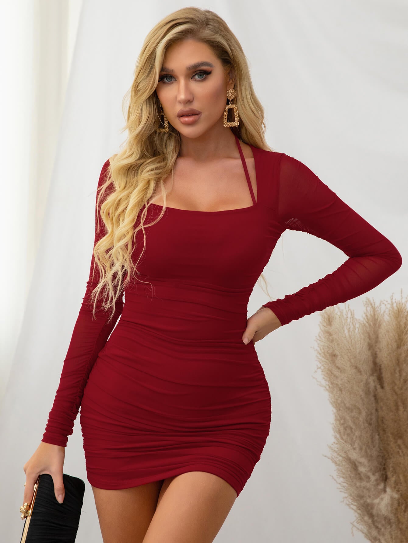    mesh ruched long sleeve mini dress red#color_red