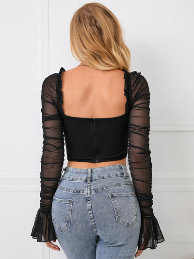     mesh sleeve lace crop top black back#color_black