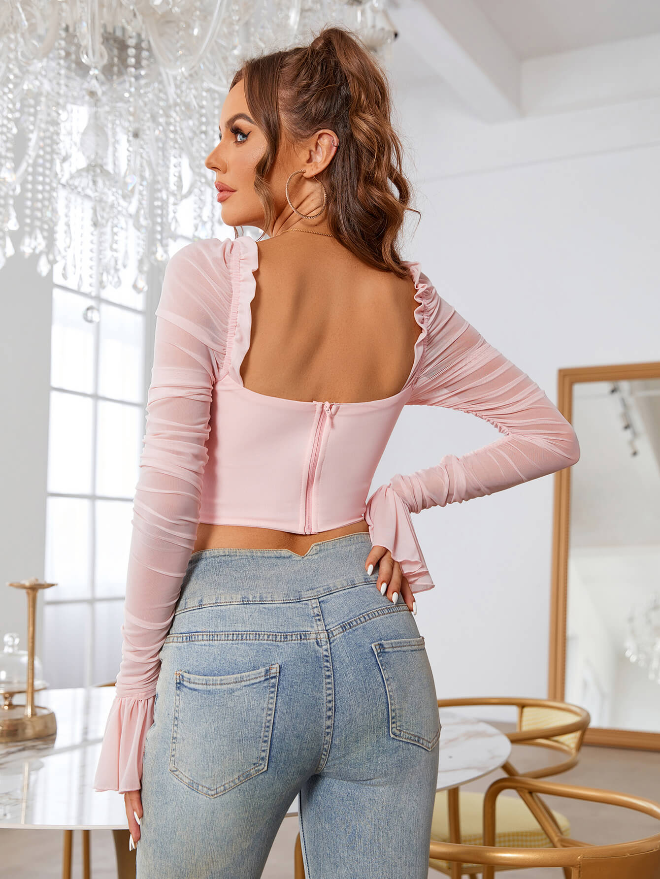    mesh sleeve lace crop top pink back#color_pink