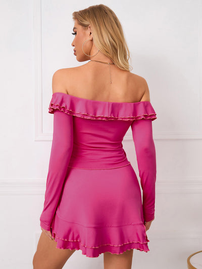    off shoulder ruffle trim knot front crop top skirt set hot pink back#color_hot-pink