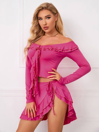    off shoulder ruffle trim knot front crop top skirt set hot pink side#color_hot-pink