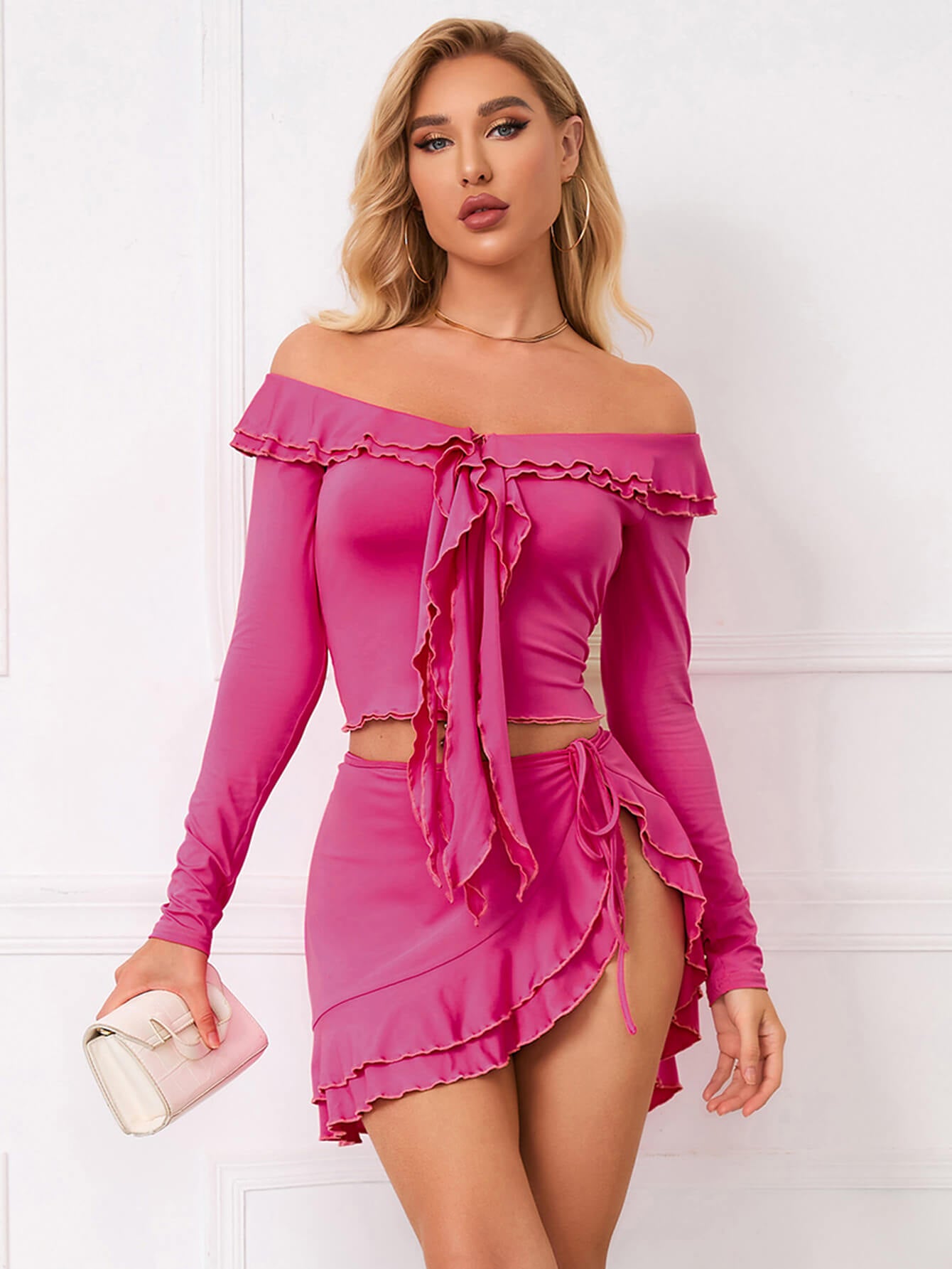     off shoulder ruffle trim knot front crop top skirt set hot pink#color_hot-pink