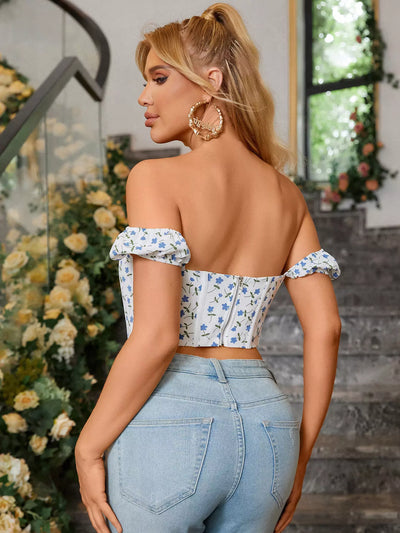    off the shoulder floral corset top blue back#color_blue