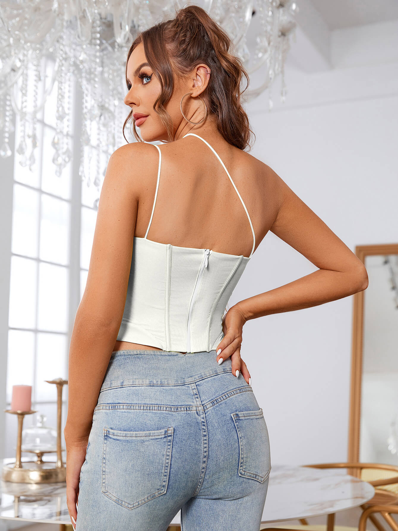    one shoulder asymmetrical hem mesh top white back#color_white