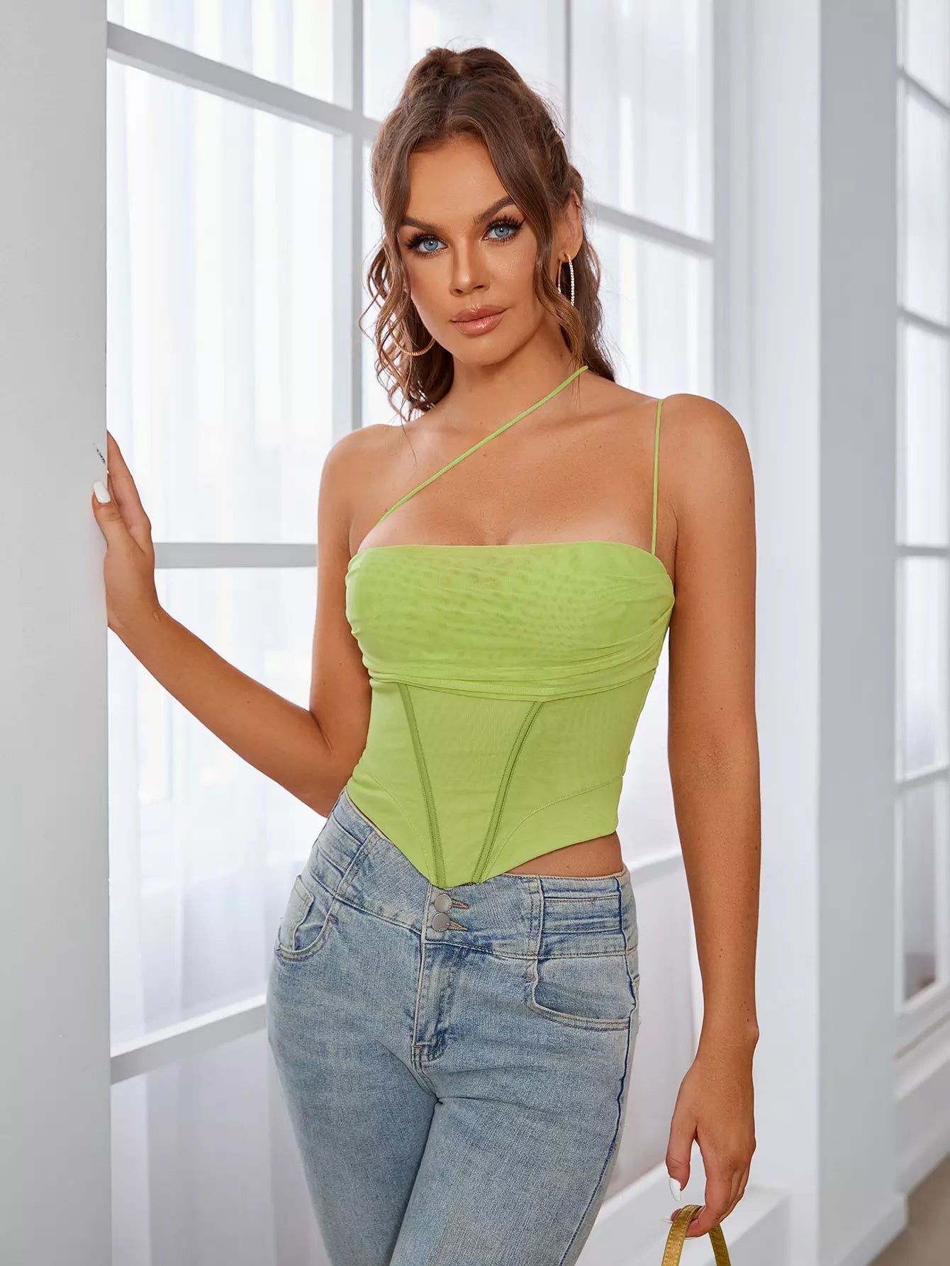    one shoulde boning pads underwire mesh corset top lime side#color_lime