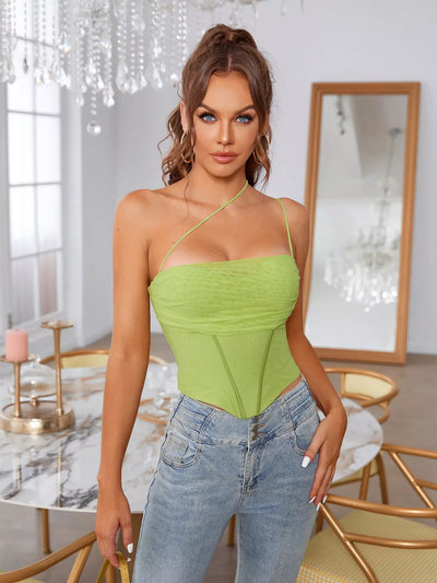    one shoulder boning pads underwire mesh lime corset top#color_lime