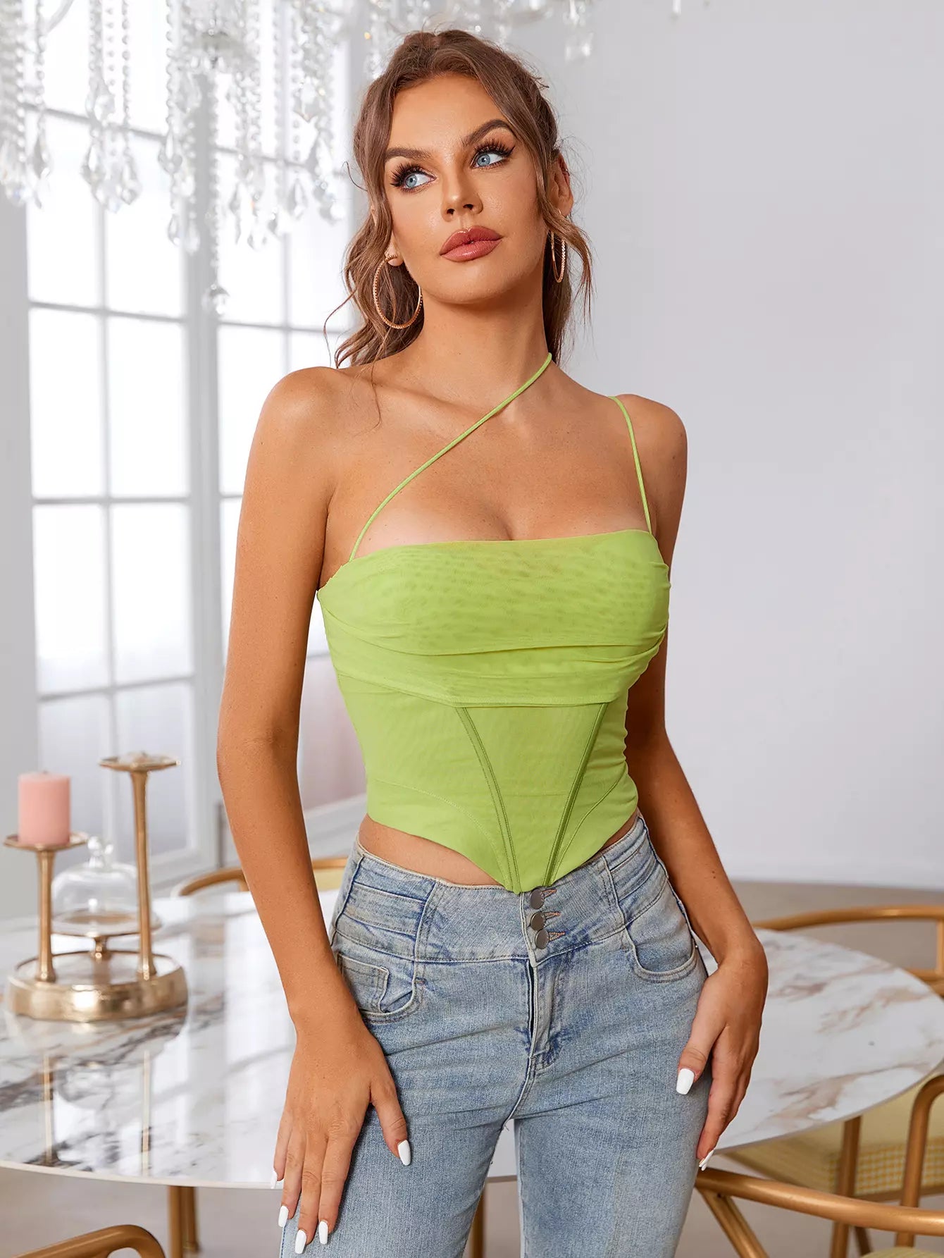 one shoulder mesh boning pads underwire corset top lime#color_lime