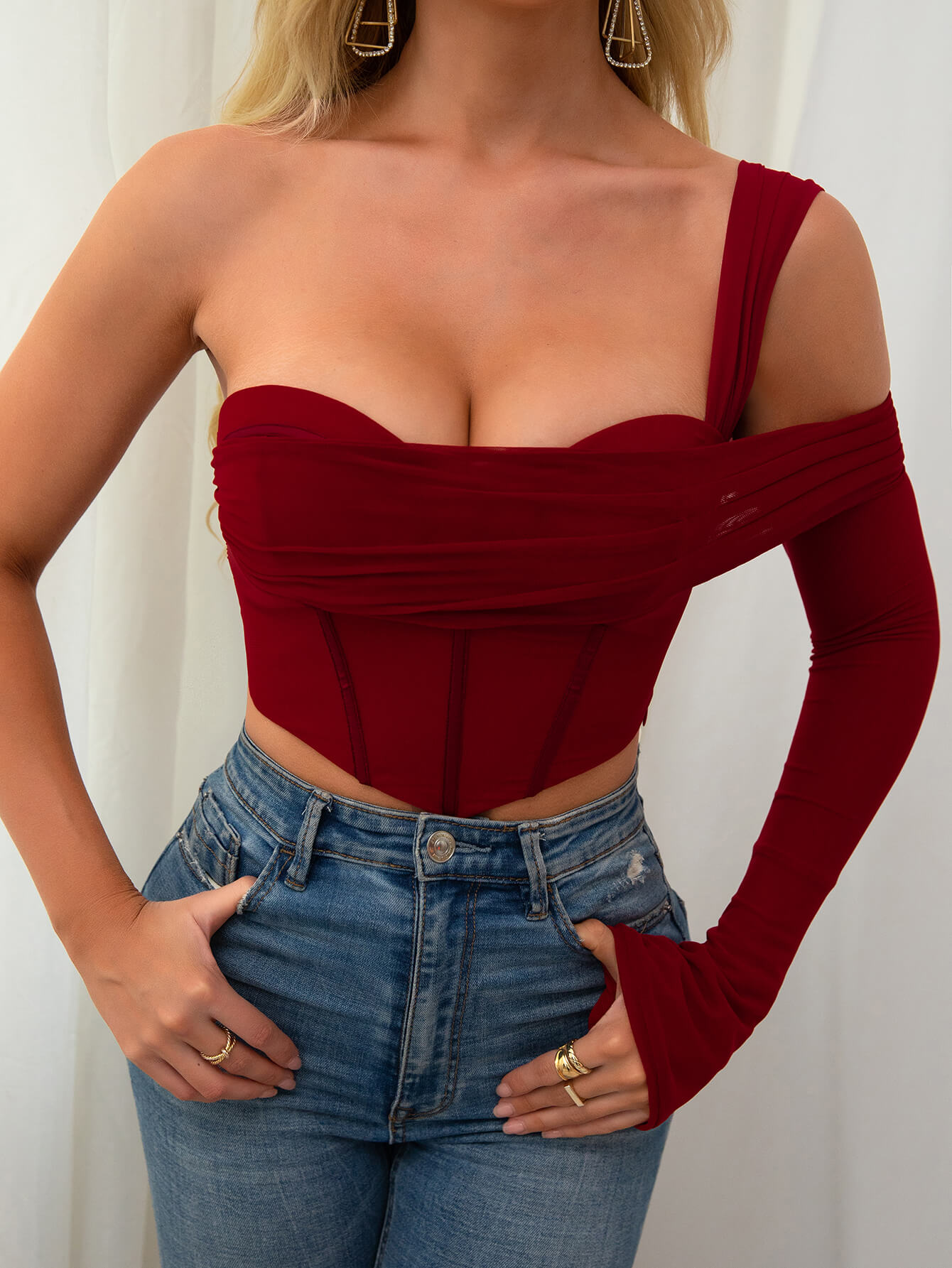    one sleeve corset mesh red top#color_red
