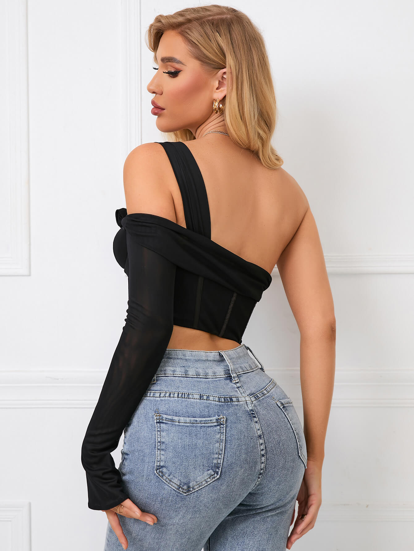     one sleeve corset mesh top black back#color_black