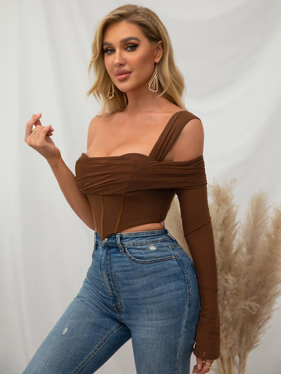     one sleeve corset mesh top brown side#color_brown