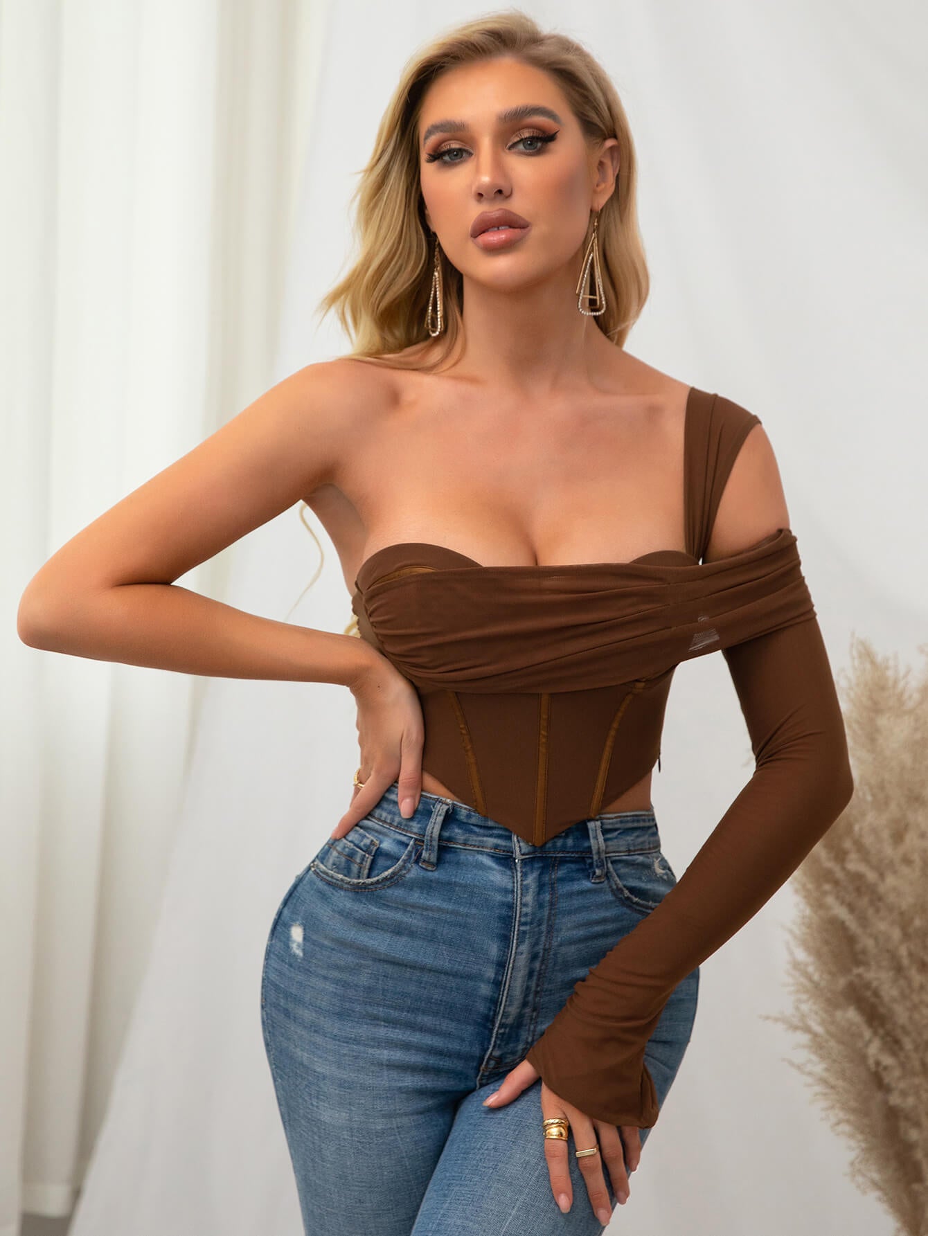    one sleeve corset mesh top brown#color_brown