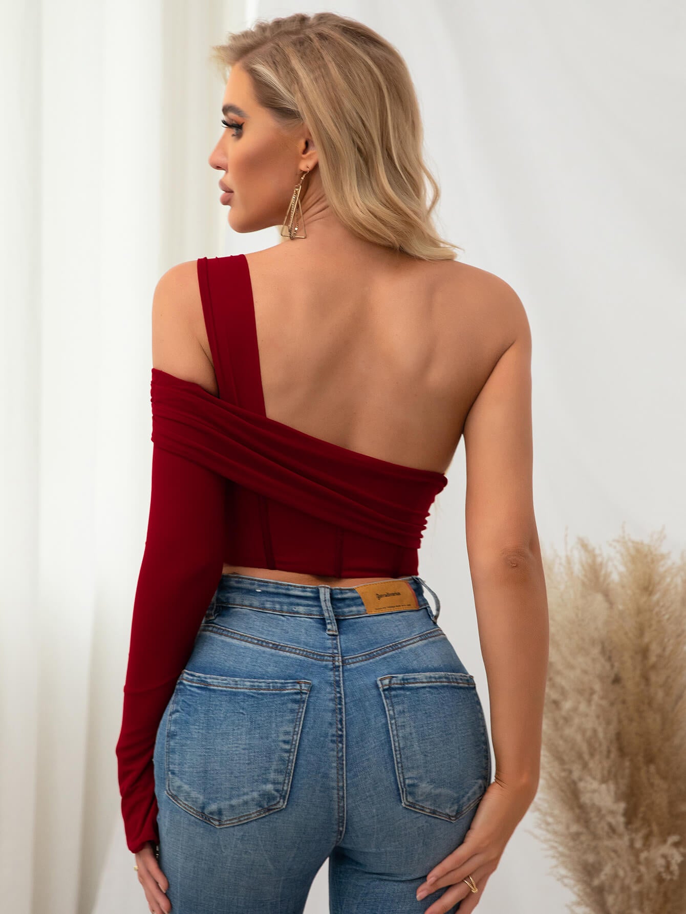     one sleeve corset mesh top red back#color_red