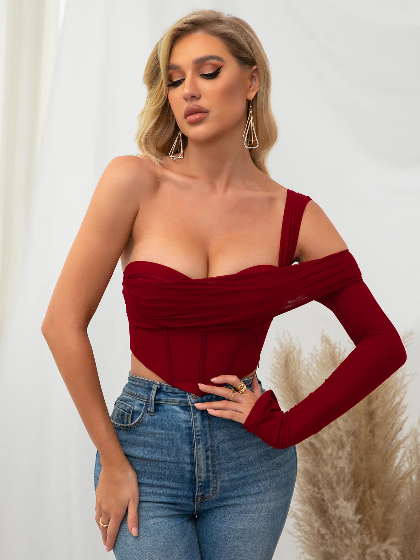     one sleeve corset mesh top red#color_red