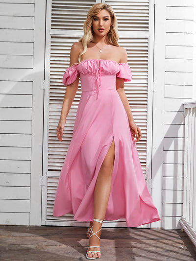 pink short puff sleeve slit dress#color_pink