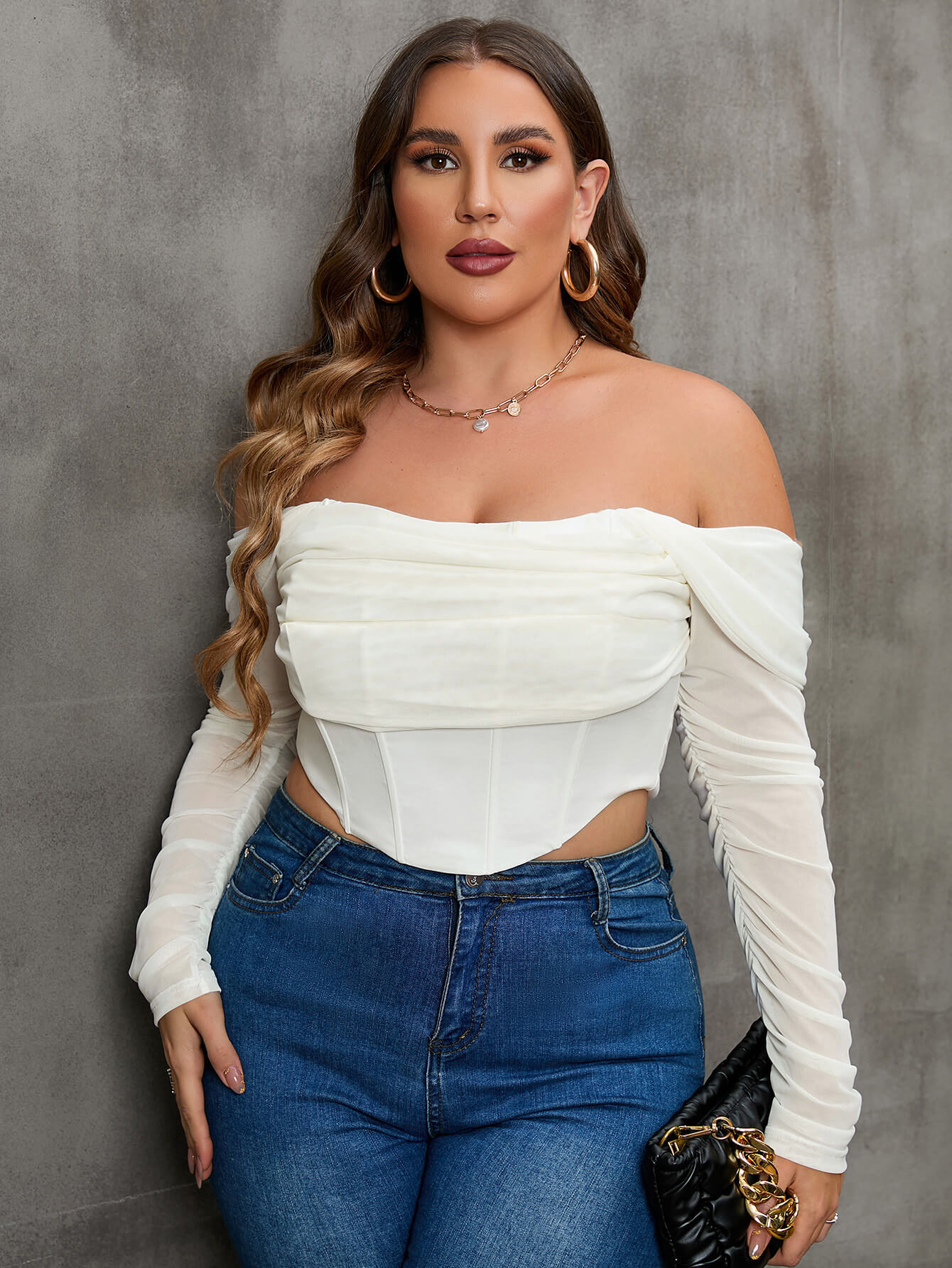    plus off shoulder ruched asymmrtrical hem corset mesh ivory top#color_ivory