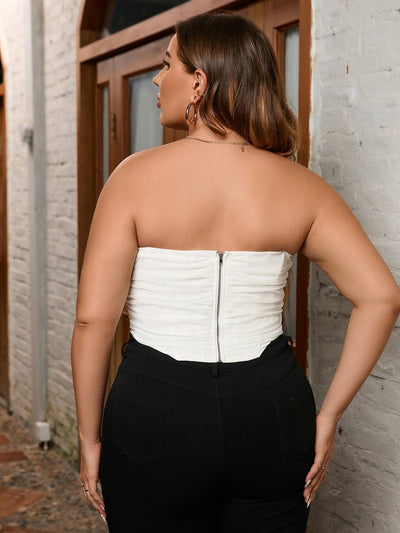    plus ruched asymmetrical hem mesh tube corset top white back#color_white