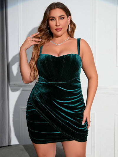    plus ruched velvet bodycon green dress#color_green