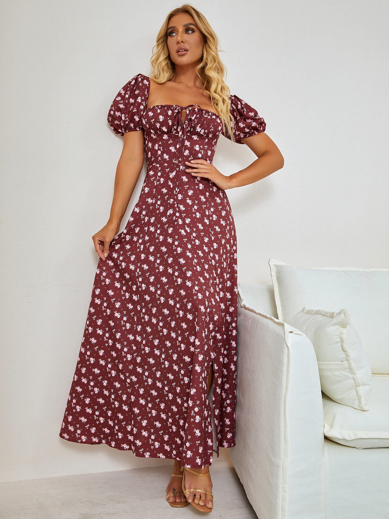      puff sleeve long slit dress wine red#color_wine-red