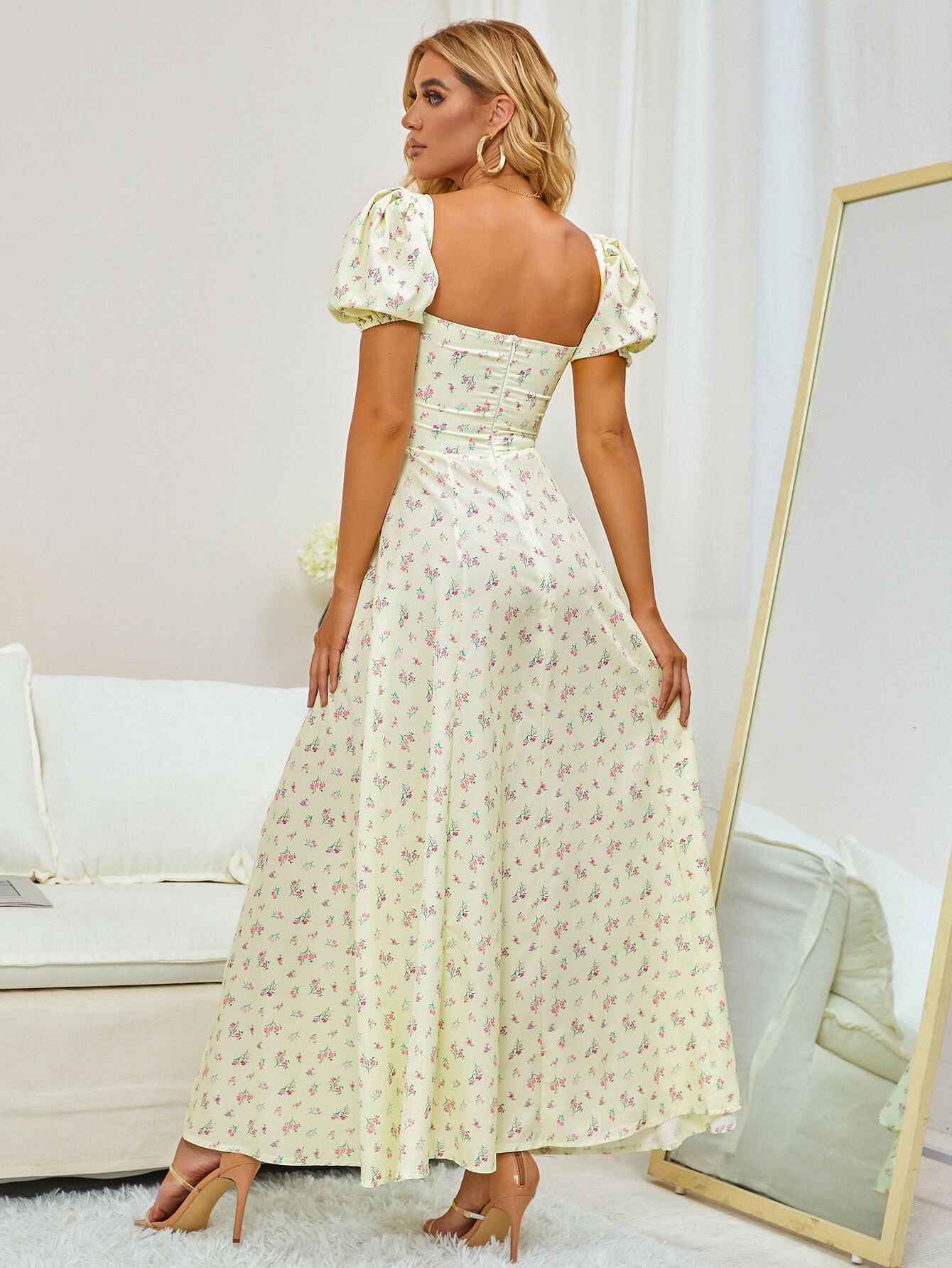 Puff Sleeve High Split Floral Print Dress