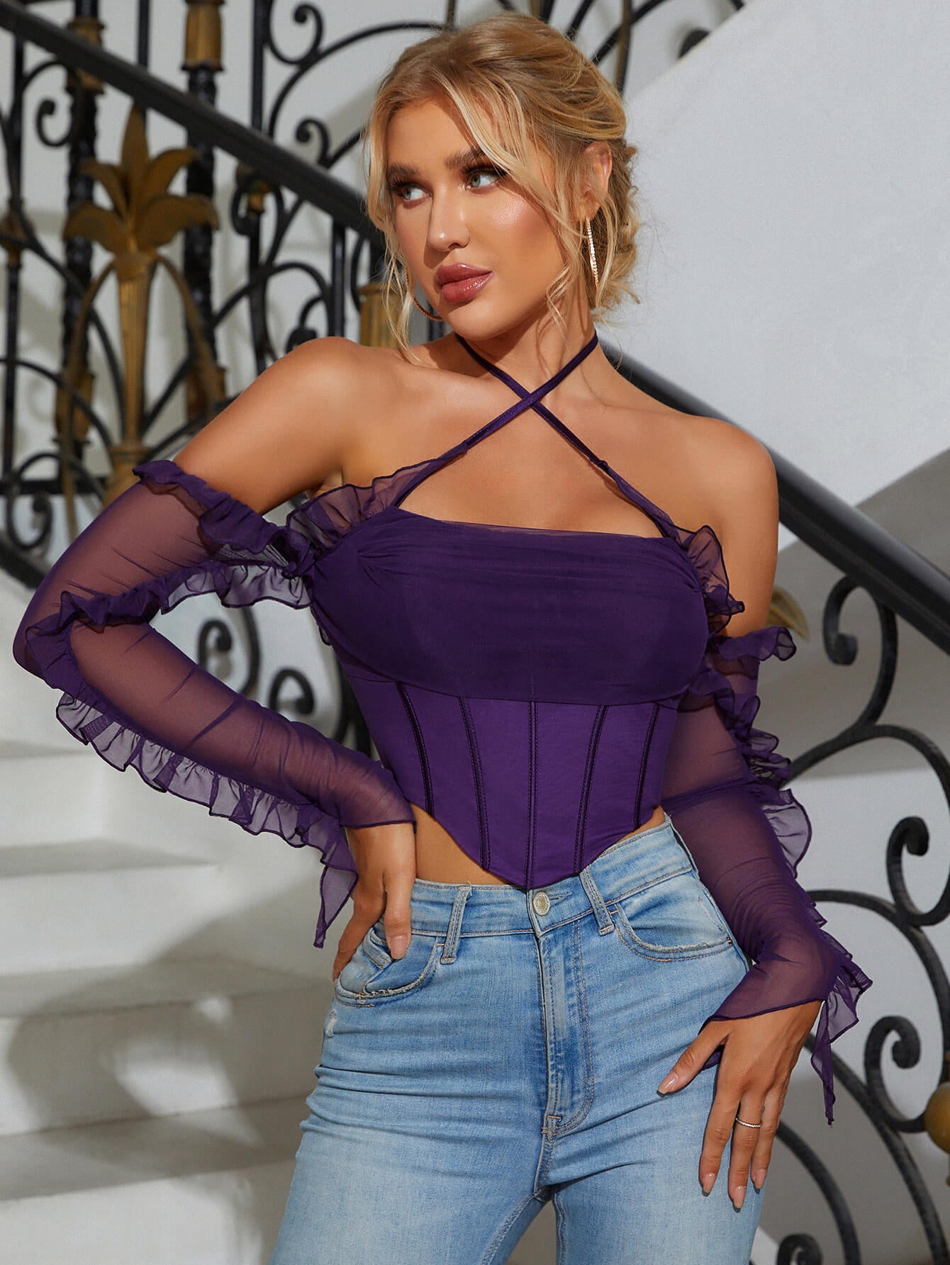     purple lace mesh sleeve corset top#color_purple