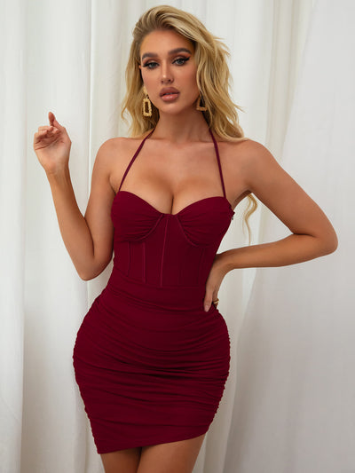    red halter neck bodycon corset dress#color_red