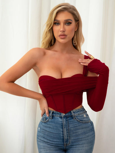     red one sleeve corset mesh top#color_red