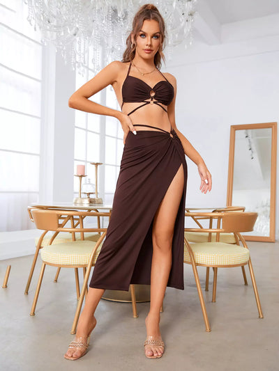    ring cut out crop top split thigh brown skirt set#color_brown