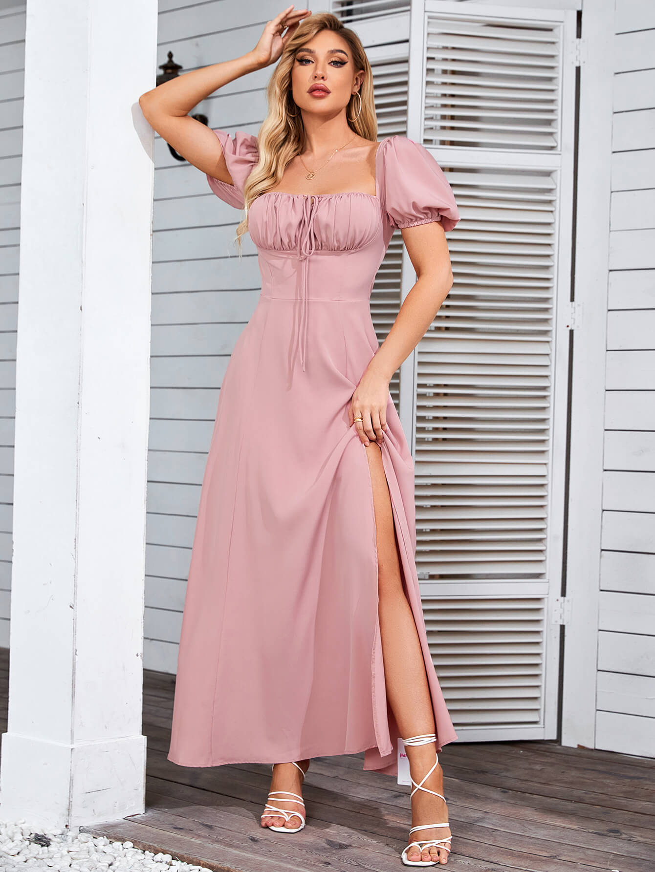    short puff sleeve slit blush dress#color_blush