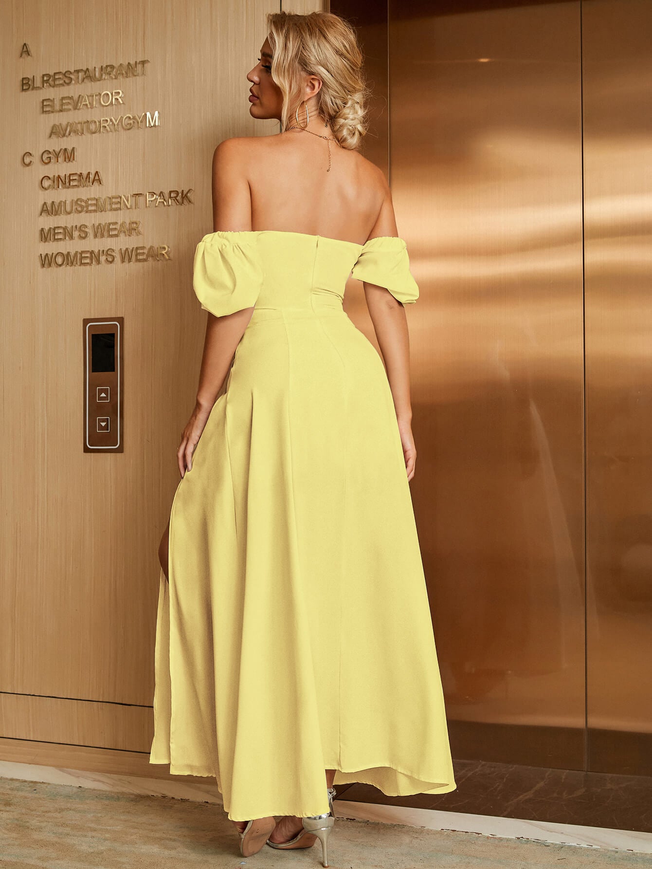     short puff sleeve slit dress yellow back#color_yellow