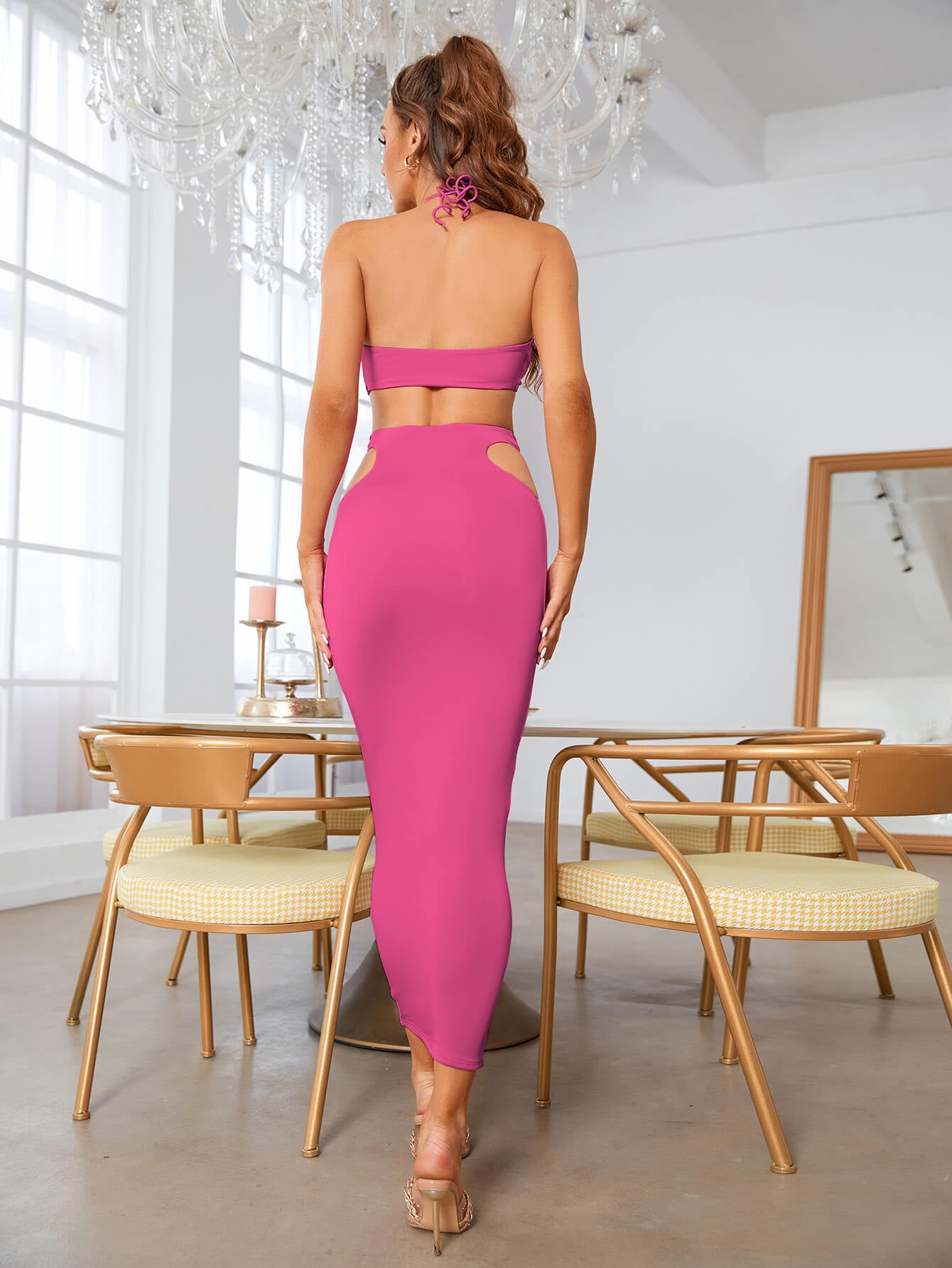    sleeveless cut out long bodycon dress hot pink back#color_hot-pink