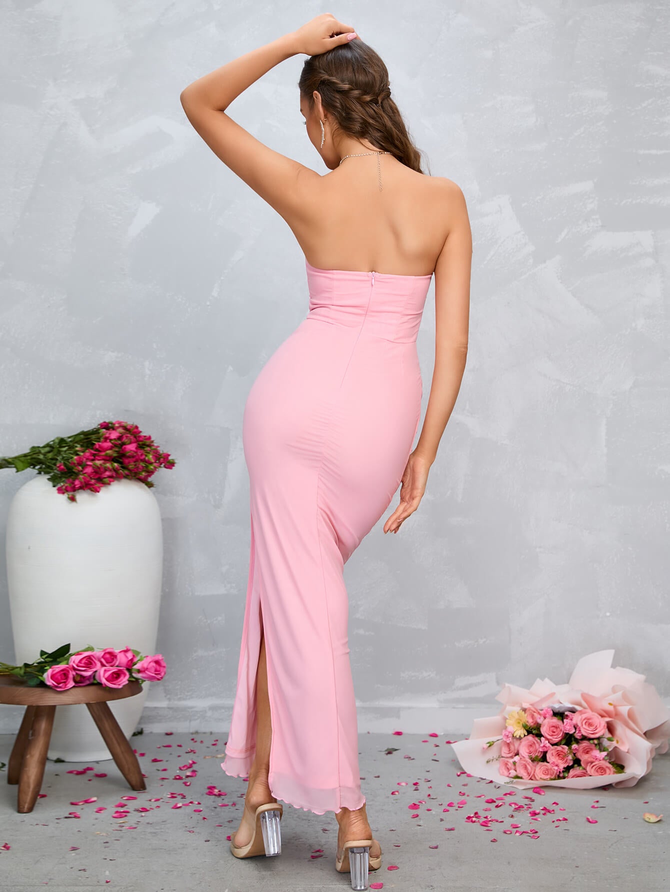    split tight ruched tube dress pink back#color_pink