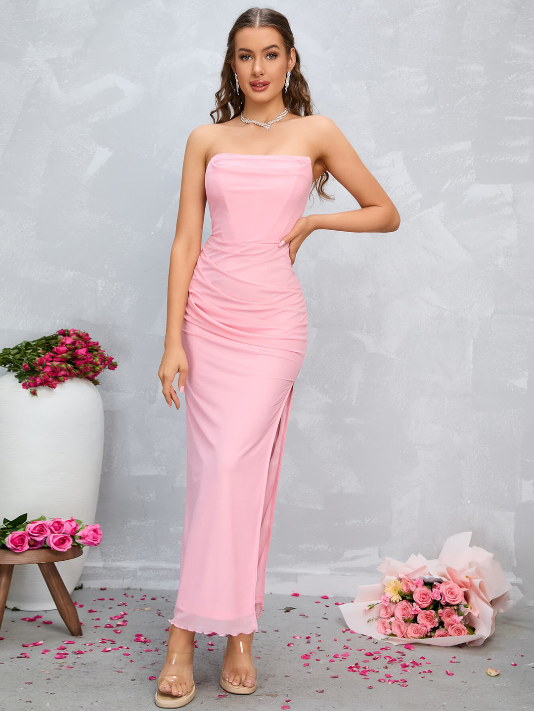 Split Thigh Ruched Tube Dress, Pink / XS Split Thigh Ruched Tube Dress, Pink / XS