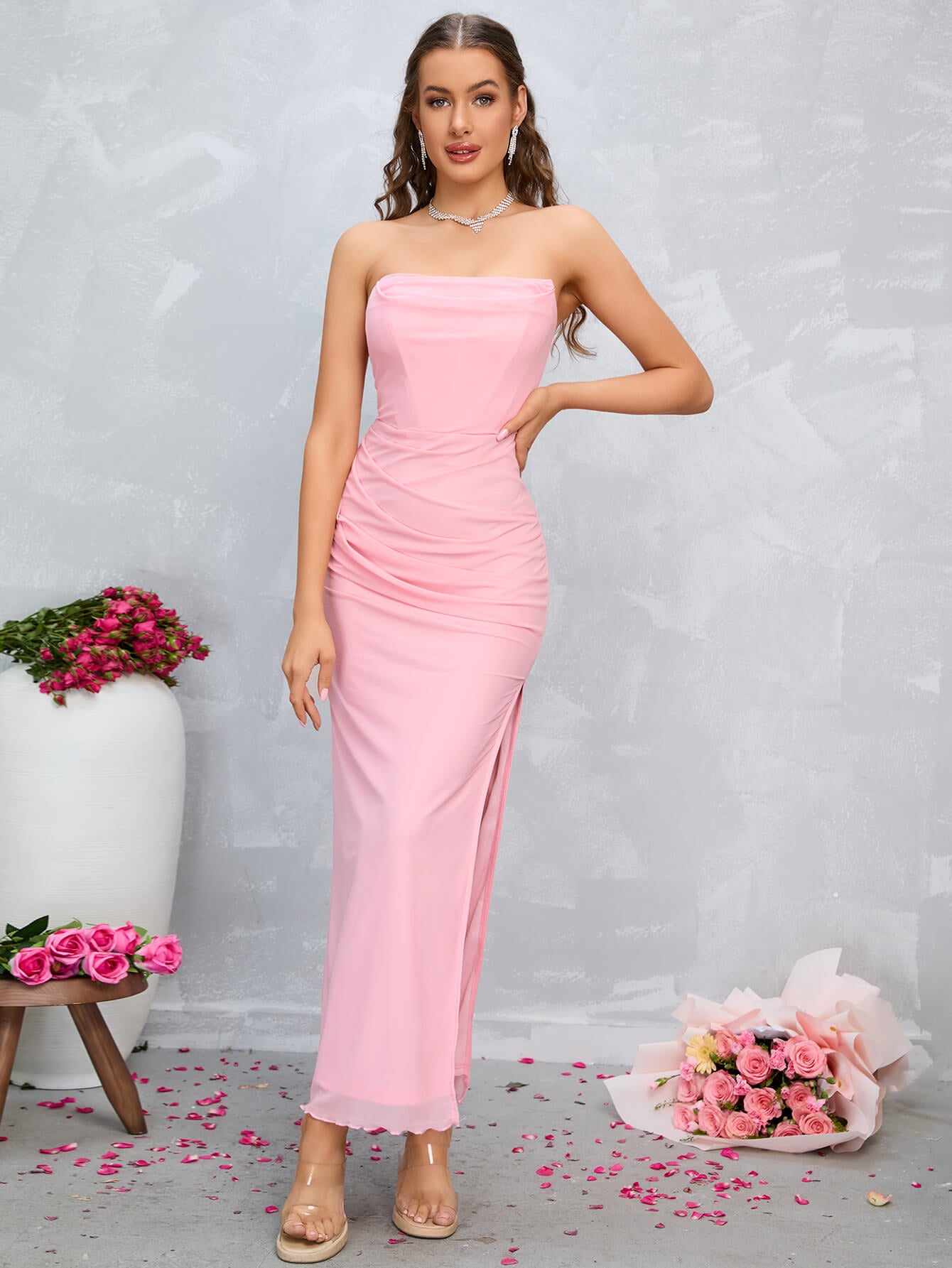    split tight ruched tube pink dress#color_pink