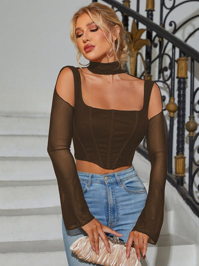 boning bell sleeve cut out mesh corset top#color_brown