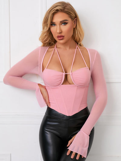     straps pink flare sleeve corset top#color_pink