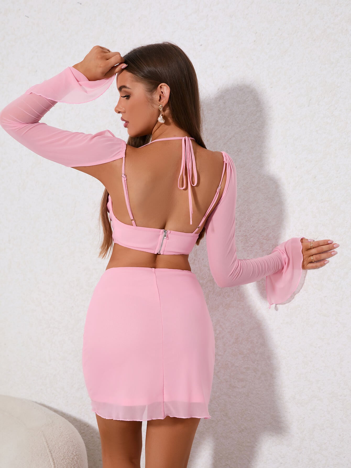     tie back split sleeve crop top bodycon skirt pink back#color_pink