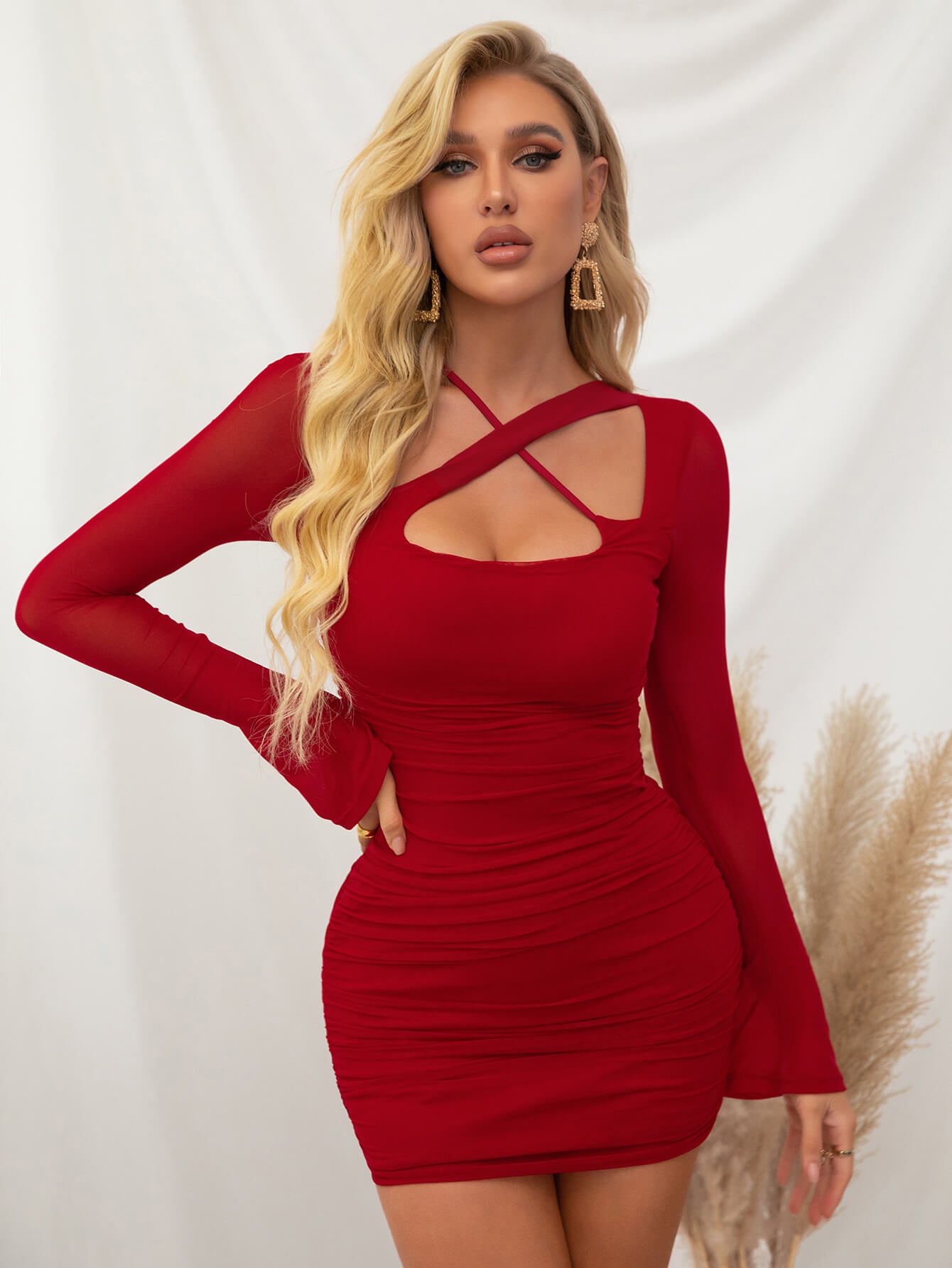     tight ruched long sleeve mini dress red#color_red