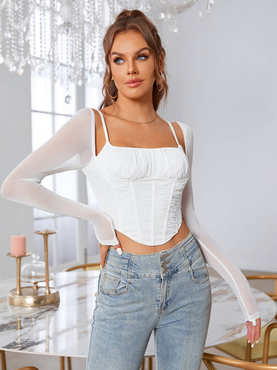 white boning ruched see through mesh corset top#color_white